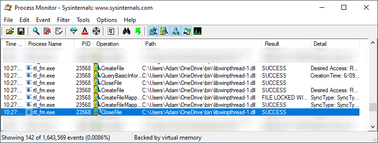 procmon showing libwinpthread-1.dll being loaded from my OneDrive folder instead of where I expected